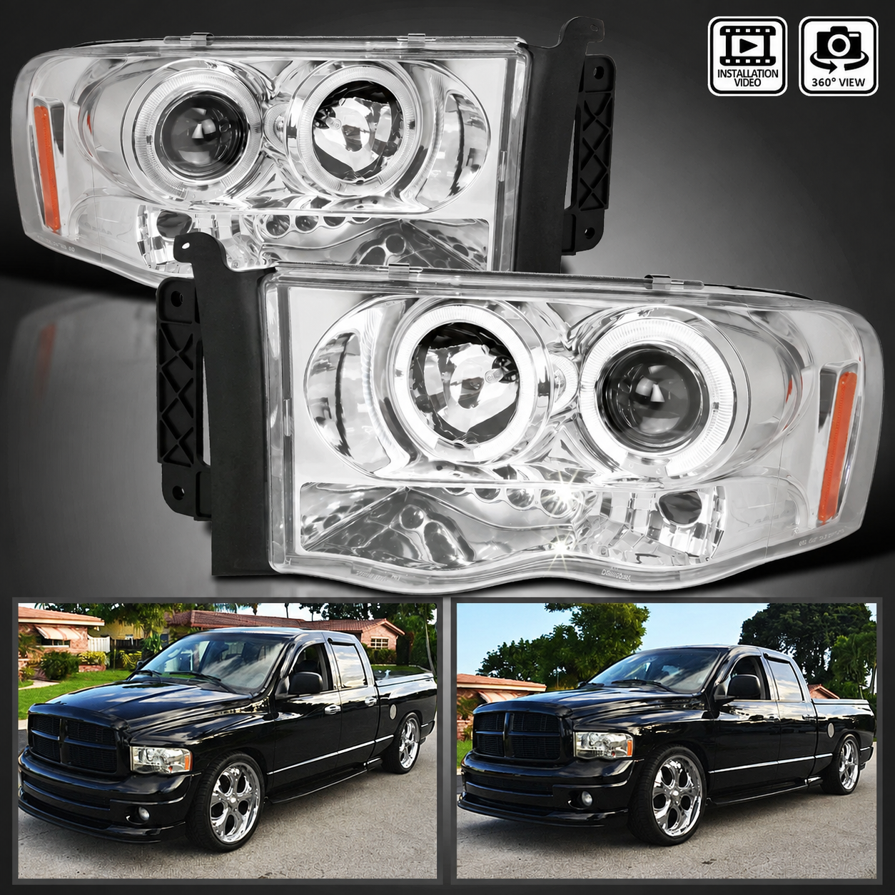 Передние фары Dodge RAM 2002–2005, хромированный корпус, комплект