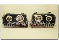 Chrysler 300C LX (04-) 2.7L V6 24V фары передние линзовые черные, со светящимися ободками и светодиодной подсветкой, комплект 2 шт.