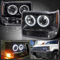 Jeep Grand Cherokee (93-98) передние фары черные тюнинг с ангельскими глазками