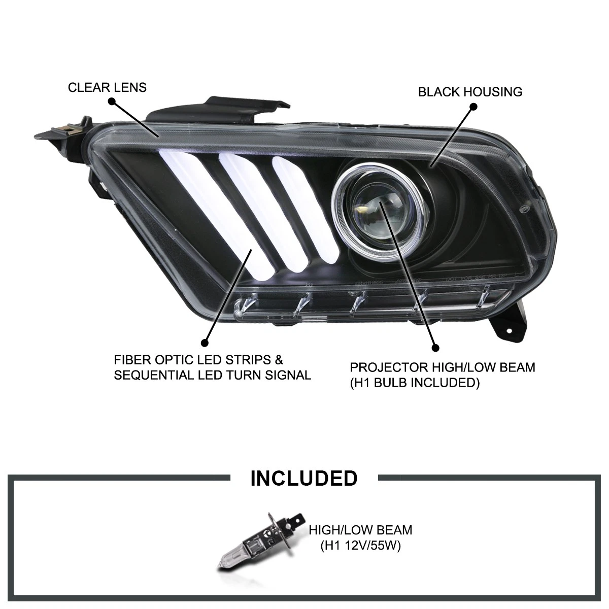 Передние фары Ford Mustang S197 рестайлинг 2010–2014, чёрный корпус, комплект