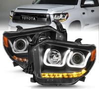 Toyota Tundra (2014-2017) передние фары чёрные с U-образным LED и квадратным проектором (Switchback)