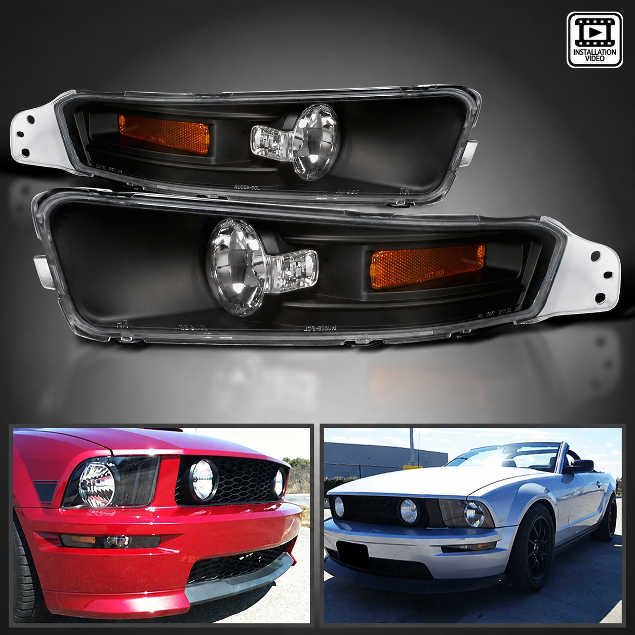 Передние указатели поворота и габариты Ford Mustang 2005–2009, чёрный корпус, комплект