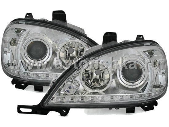 Mercedes ML W163 (98-05) фары передние линзовые хромированные, со светящимися ободками и с нижней светодиодной подсветкой, с мотором электрокорректора, комплект 2 шт.