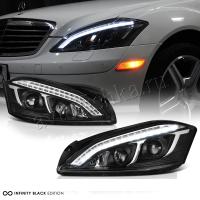 Mercedes S W221 (05-09) ксеноновые передние фары линзовые черные, под штатный ксенон D1S, с электрокорректором, с подсветкой DRL, комплект 2 шт.