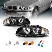 BMW 3 E46 (98-01) 4 дв. фары передние линзовые черные, со светящимися ободками, с поворотниками, с мотором электрокорректора, комплект лев.+прав.
