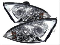 Ford Focus 1 (98-04) Europe+USA передние линзовые фары хромированные, со светящимися ободками, комплект 2 шт.