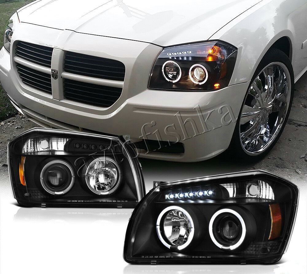 Dodge Magnum (05-08) фары передние линзовые черные, со светящимися ободками  и светодиодной подсветкой, комплект 2 шт. купить в Москве - Автофишка