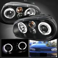 Volkswagen Golf 4 (1998-2005) фары передние черные, линзовые, со светящимися ободками