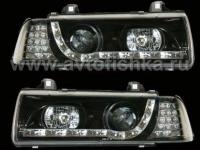 BMW 3 E36 4 дв. седан фары передние линзовые черные, с нижней светодиодной подсветкой и светодиодными поворотниками, комплект 2 шт.