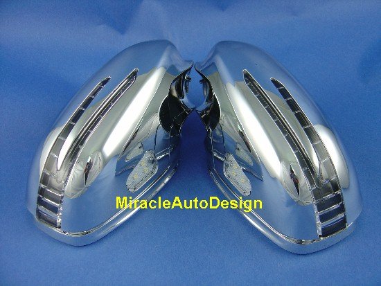 Mercedes W219, W221 (05-09) корпуса боковых зеркал полностью хромированные, с поворотниками "СТРЕЛА" и подсветкой Welcome, комплект 2 шт.