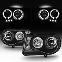 Chrysler 300C LX (04-11) 2.7L V6 24V фары передние линзовые черные, со светящимися ободками и светодиодной подсветкой, комплект 2 шт.