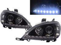 Mercedes ML W163 (02-05) фары передние линзовые внутри черные, со светящимися ободками и с нижней светодиодной подсветкой, с мотором электрокорректора, комплект 2 шт.