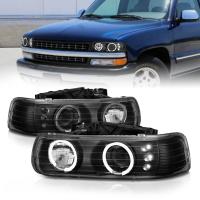 Chevrolet Tahoe C10 (1999-2006) черные передние фары со светящимися ободками, тюнинг