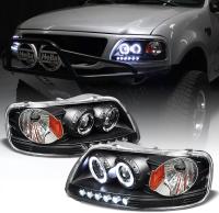 Ford Expedition (96-03) фары передние линзовые черные, со светящимися ободками и светодиодной подсветкой, комплект 2 шт.