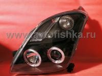 Toyota Yaris P2 (05-) фары передние линзовые черные, со светящимися ободками, комплект 2 шт.