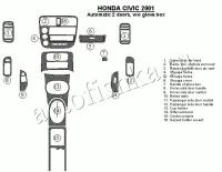 Декоративные накладки салона Honda Civic 2001-2001 АКПП, 2 двери, без перчаточный ящик, 16 элементов.