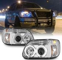 Ford Explorer (95-01) фары линзовые хромированные, со светящимися ободками и светодиодной подсветкой, комплект 2 шт.