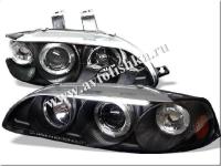 Honda Civic (92-96) 4 дв. фары передние линзовые черные, со светящимися ободками и желтым рефлектором, комплект 2 шт.