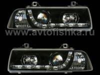 BMW 3 E36 4 дв. седан фары передние линзовые черные, с нижней светодиодной подсветкой, комплект 2 шт.
