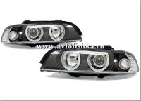 BMW 5 E39 (95-00) фары ксеноновые передние черные, со светящимися ободками, с белым поворотником, под электрокорректор, комплект 2 шт.