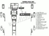 Декоративные накладки салона Honda Civic 2001-2001 ручной, 4 двери, с перчаточный ящик, 21 элементов.