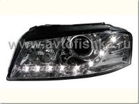 Audi A3 (03-08) передние фары линзовые хромированные, со светодиодной подсветкой, с моторами электрокорректора, комплект 2 шт.