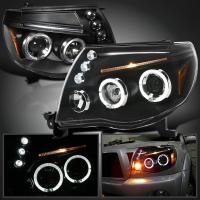 Toyota Tacoma (05-12) фары передние линзовые черные, с подсветкой и ангельскими глазками, комплект 2 шт.