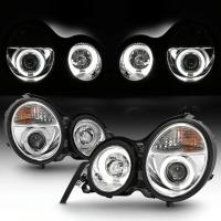 Mercedes E W210 (95-99) фары передние линзовые хромированные, с ангельскими глазками