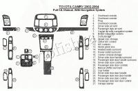 Декоративные накладки салона Toyota Camry 2002-2004 полный набор, Механическая коробка передач, с навигацией система, без OEM