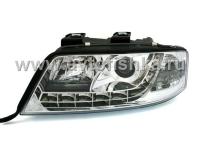 Audi A6 (01-03) фары передние линзовые хромированные, со светодиодной подсветкой, комплект 2 шт.