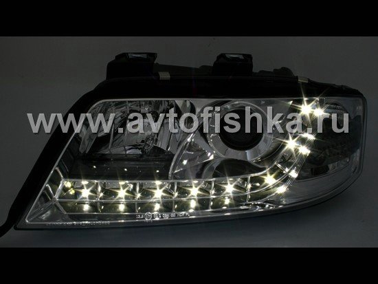 Audi A6 (01-03) фары передние линзовые хромированные, со светодиодной подсветкой, комплект 2 шт.