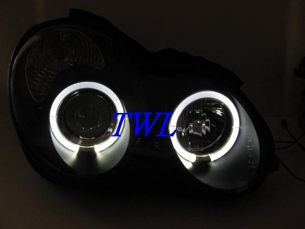 Mercedes C-class W203 (00-07) фары передние линзовые черные, со светящимися ободками, комплект 2 шт.