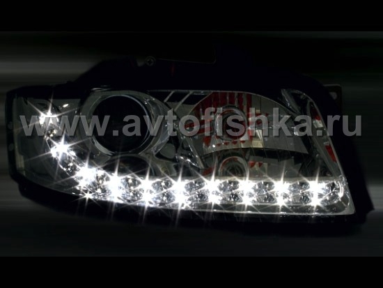 Audi A4 (01-04) фары передние линзовые черные, со светодиодной подсветкой, под электрокорректор, комплект 2 шт.
