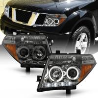 Nissan Pathfinder III, Navara (2005-2010) передние фары линзовые хром, с ДХО и ангельскими глазками
