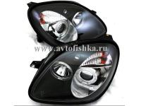 Mercedes SLK R170 (98-04) фары передние линзовые черные, со светящимися ободками, комплект 2 шт.