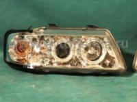 Audi A3 (96-02) передние фары линзовые хромированные, со светящимися ободками, со светодиодами, комплект 2 шт.