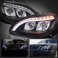 Mercedes S W220 (98-05) фары передние линзовые черные, с подсветкой DRL