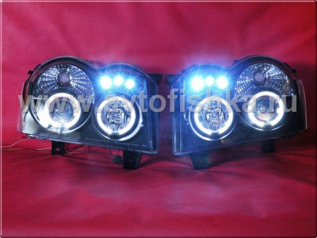Jeep Grand Cherokee (04-07) фары передние линзовые черные, со светящимися ободками CCFL и светодиодами, комплект 2 шт.