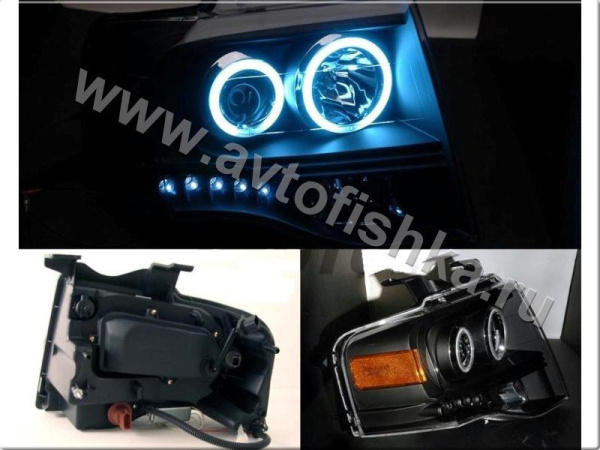Ford Expedition (07-) фары передние линзовые черные, со светящимися ободками и светодиодной подсветкой, комплект 2 шт.
