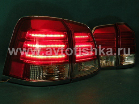 Toyota Land Cruiser 200 (2008-) фонари задние светодиодные красно-хромированные, дизайн Lexus LX570, комплект лев.+прав.