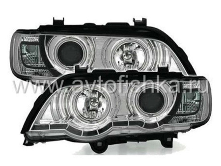 BMW X5 E53 (98-03) передние фары хромированные со светящимися ободками с подсветкой DRL, линзовые под ксенон