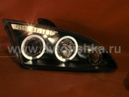 Ford Focus 2 (05-07) передние линзовые черные фары, со светящимися ободками, комплект 2 шт.