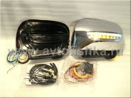 Mitsubishi L200 Triton (05-), Pajero Sport (08-) накладки на боковые зеркала хромированные, со светодиодными поворотниками и нижней подсветкой "Welcome", комплект 2 шт.