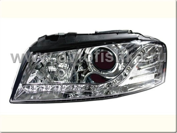 Audi A3 (03-08) передние фары линзовые хромированные, со светодиодной подсветкой, с моторами электрокорректора, комплект 2 шт.