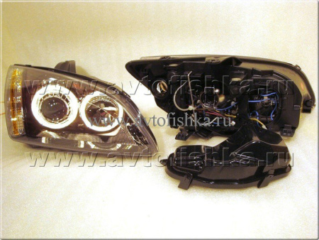 Ford Focus 2 (05-07) фары передние линзовые черные, под корректор, со светящимися ободками, комплект 2 шт.