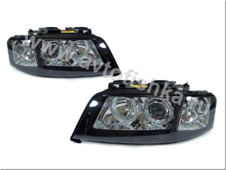 Audi A6 Allroad (01-05) фары передние черные линзовые, со светящимися ободками, под корректор, комплект 2 шт.