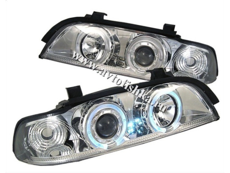 BMW 5 E39 (95-) фары передние линзовые хромированные, со светящимися ободками, комплект 2 шт.
