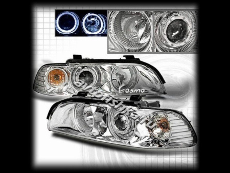 BMW 5 E39 фары передние линзовые хромированные, со светящимися ободками, с белыми поворотниками, комплект 2 шт.
