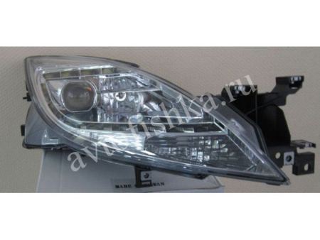 Mazda 6 (2010-2012) тюнинговые передние хромированные линзовые фары, со светящимися ободками и подсветкой DRL, комплект 2 шт.