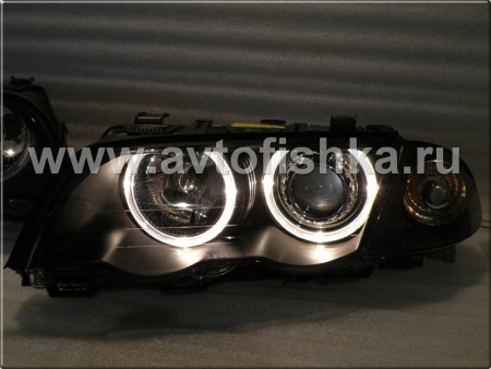 BMW 3 E46 (98-01) 4 дв. фары передние линзовые черные, со светящимися ободками, с поворотниками, с мотором электрокорректора, комплект лев.+прав.